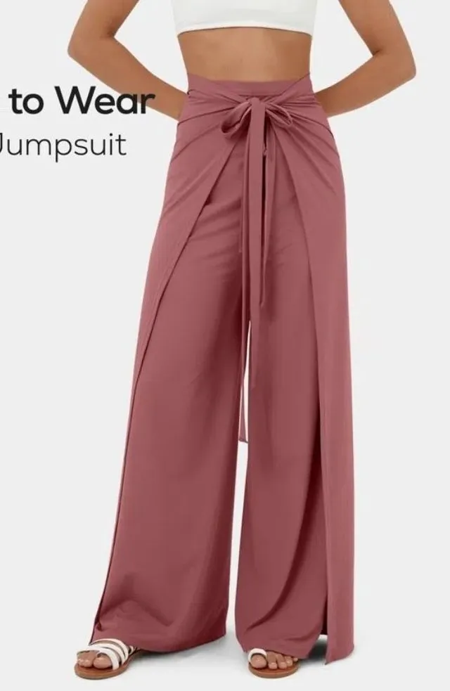 Halara High Waisted Lace Up Split Hem Palazzo Wide Leg Flowy Pants Pink XL