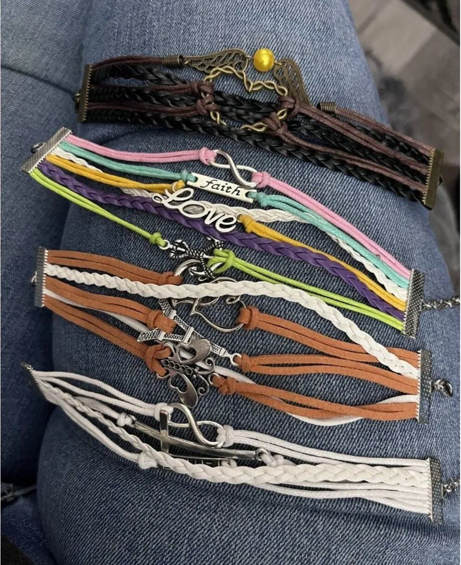 Lot 4 Boho Braided Cord Bracelets Angel Wings Faith Love Charms Pink