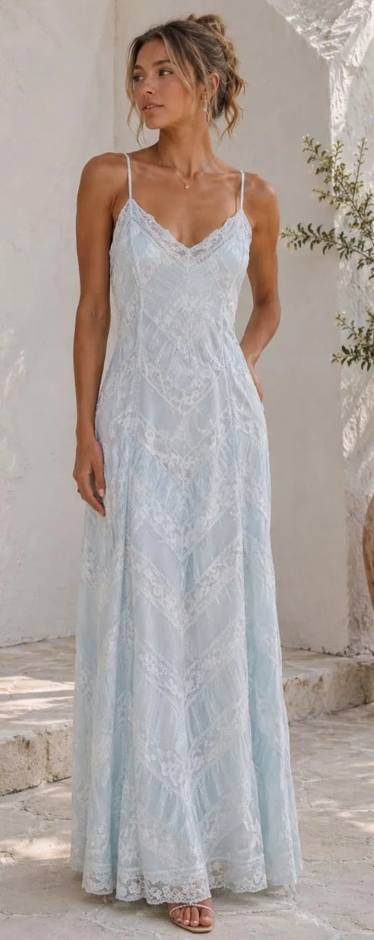 NWT LoveShackFancy Josanne Ice Blue Lace Maxi Slip Dress Size 0