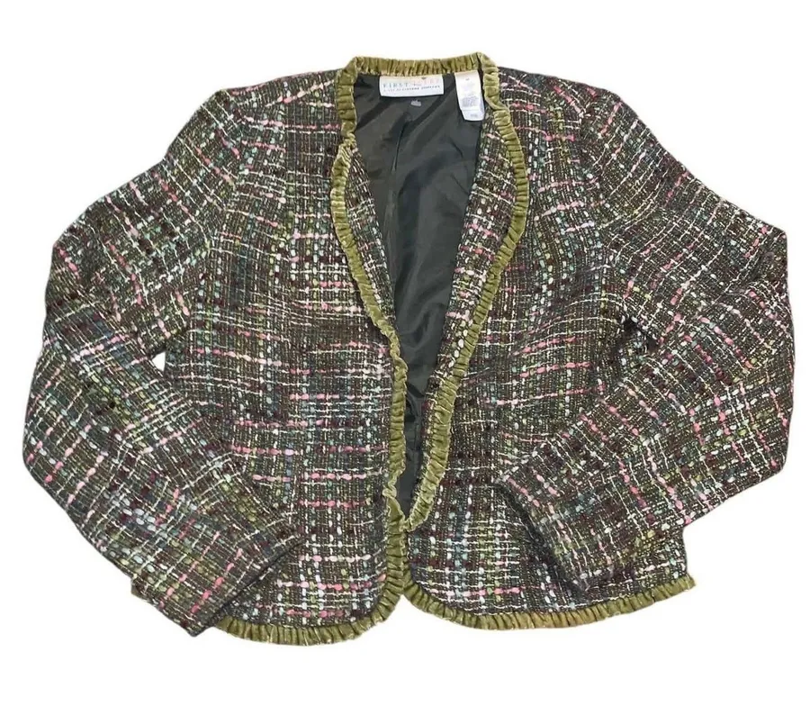 First Issue Liz Claiborne Y2K Tweed Open Front Blazer Olive Velvet Ruffle M Green Size M