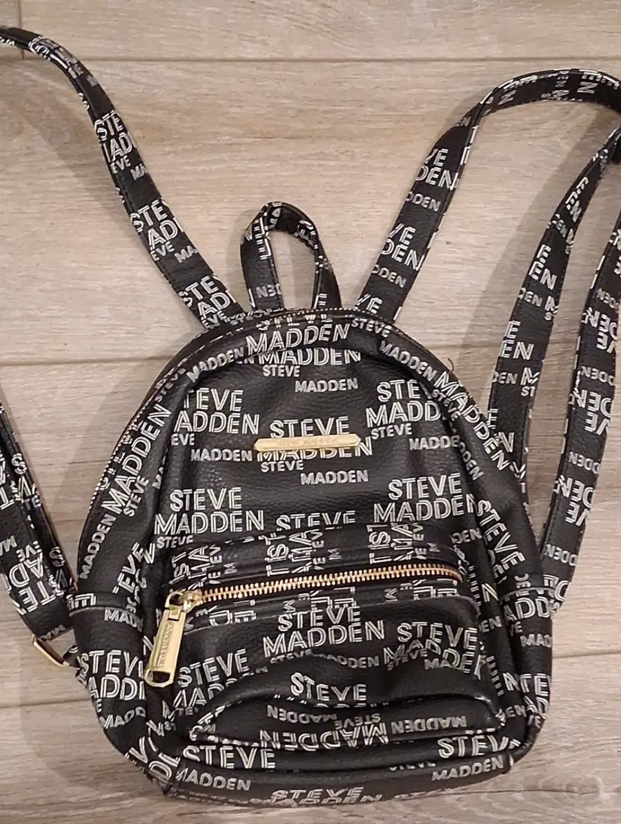 Steve Madden Black & White Logo Mini Backpack w/ Gold Trim