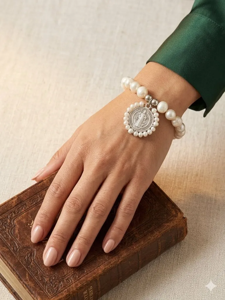 NWT Natural Freshwater Pearl Stretchy Bracelet w/ Pearl San Benito Medal Charm White