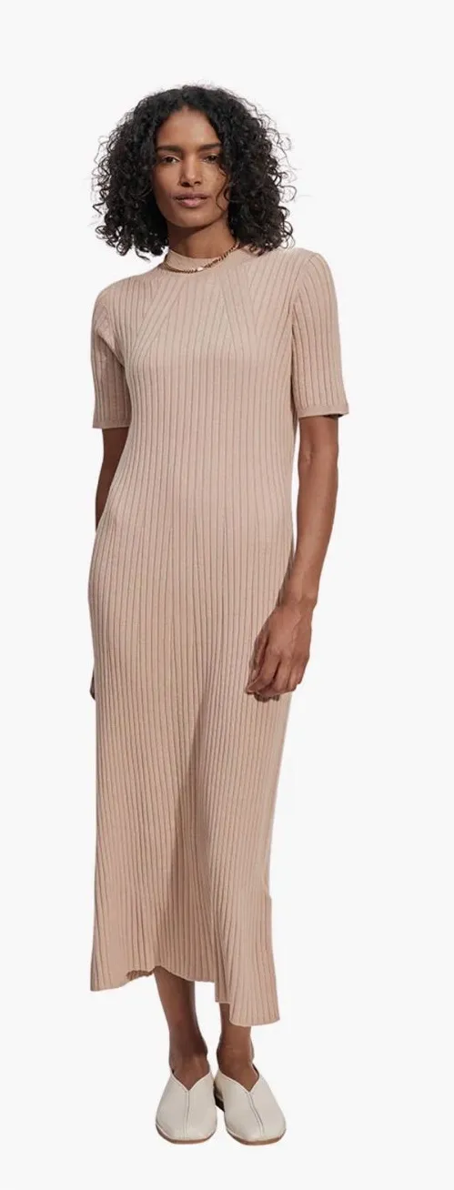 Varley Maeve Rib Knit Midi Dress in Warm Taupe Sz M