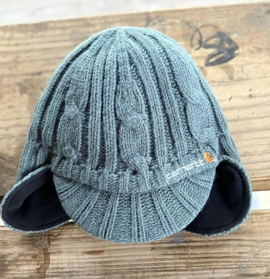 Carhartt Fleece Lined Cable Knit Ear Flap Beanie OSFA Green