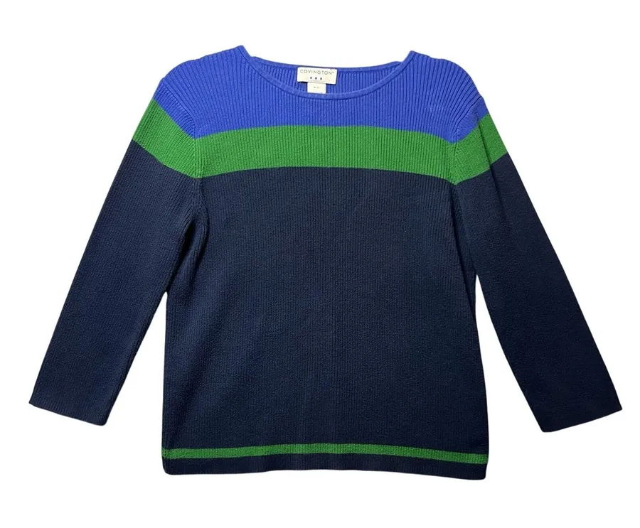 Covington Womens XL Cotton Ribbed Colorblock Sweater Blue Green Long Sleeve