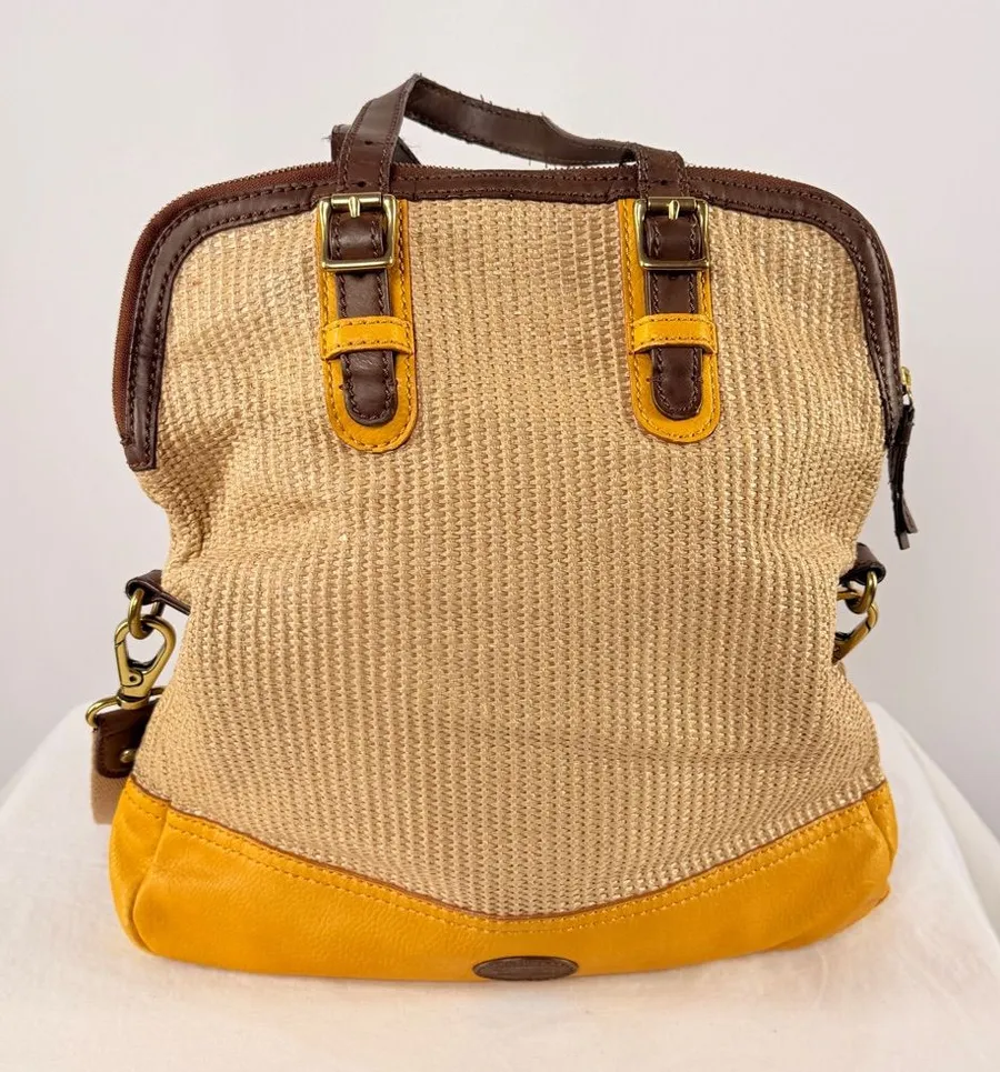 Fossil Woven & Leather Fold Over Handbag with Strap Tan Brown Yellow