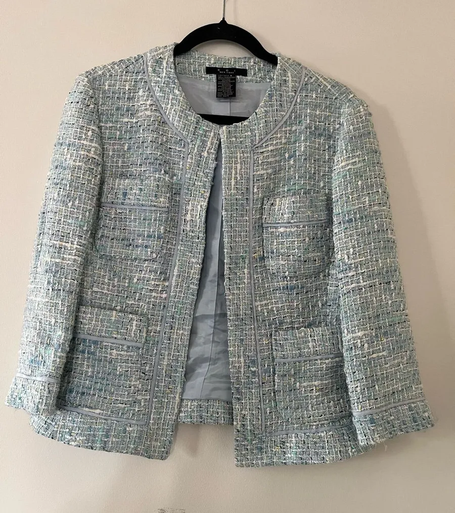 Vintage Y2K Light Blue Tweed Blazer 8 Cotton Old Money Quiet Luxury Preppy