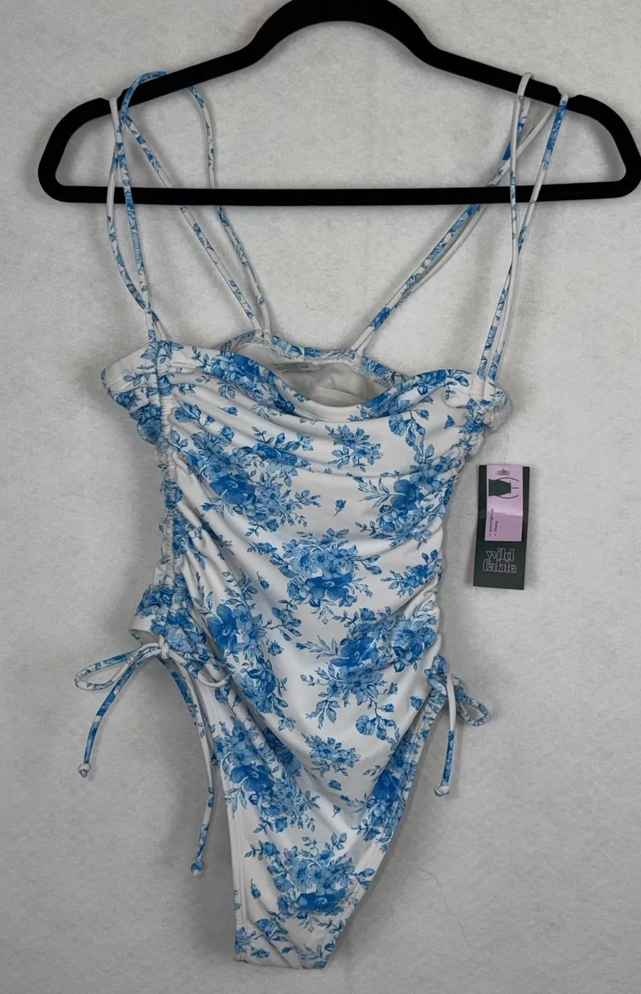 Wild Fable Floral One Piece Swimsuit Women S Blue White Ruched Toile Coquette