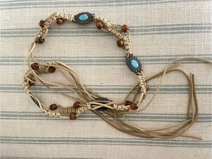 Boho Western Beaded Macrame Turquoise Concho Tie Waist Belt One Size Tan