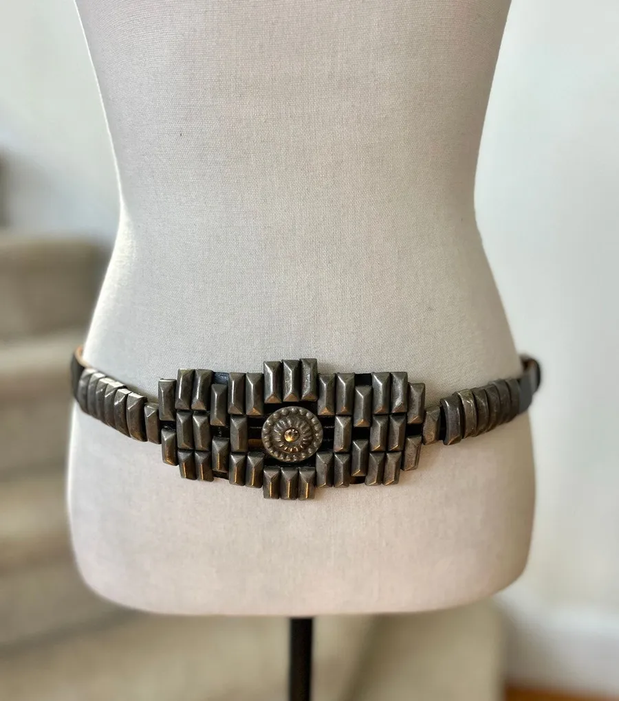 Vintage Black Metal Studded Southwestern Western Aztec Tribal Leather Belt (34)