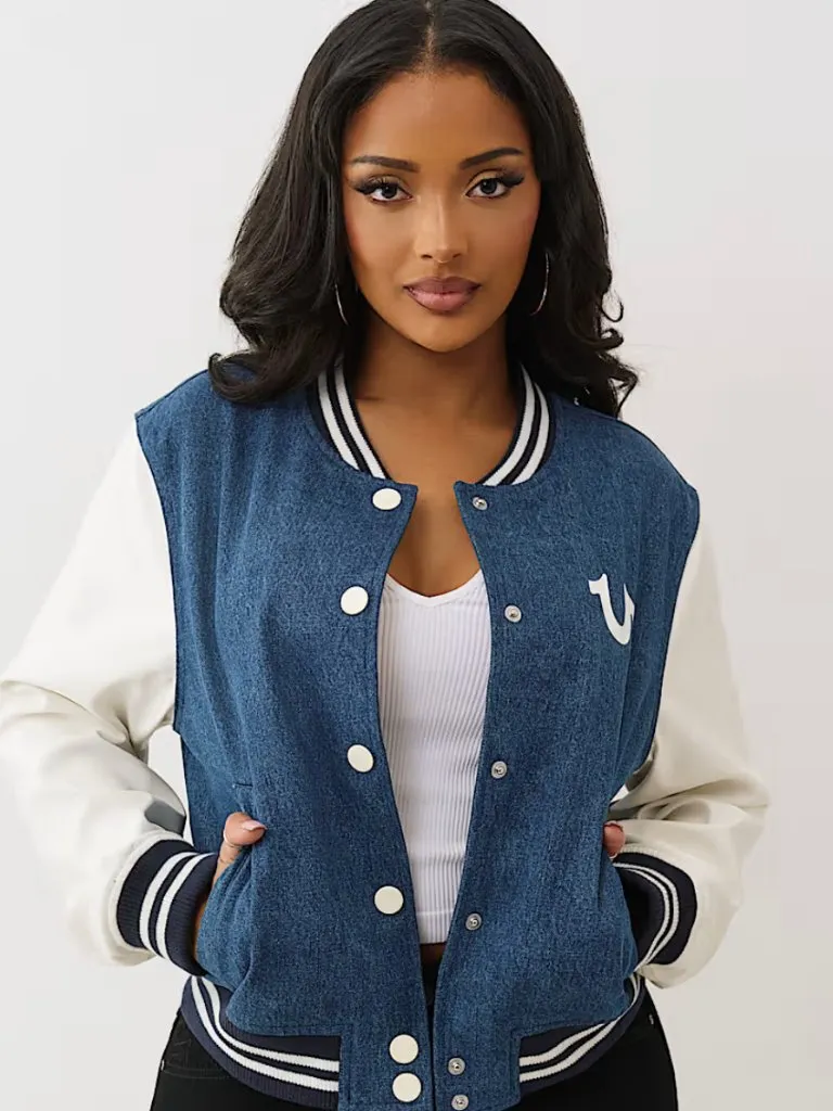 NWT True Religion $239 crystal wing denim varsity jacket Large Blue White Small