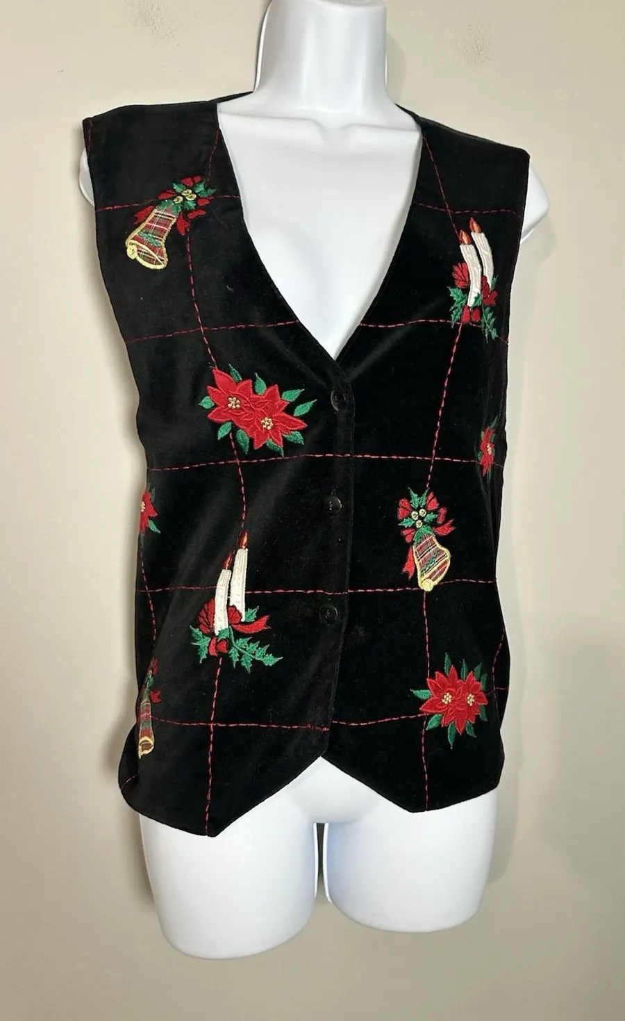Vintage Oak Hill Christmas Vest Velvet Embroidered Poinsettia Bells Size XL