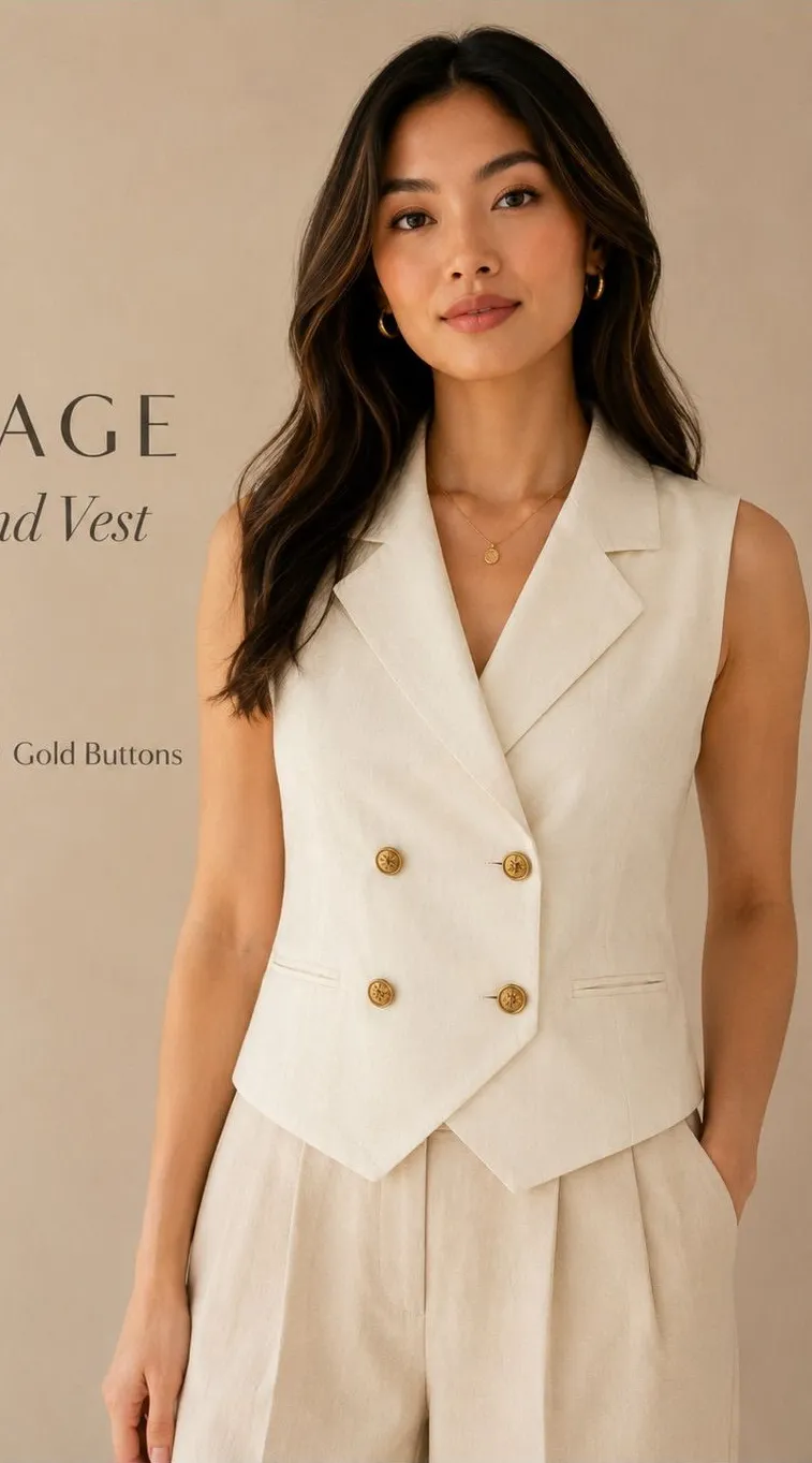 Vintage 90s Ivory Linen Blend Double Breasted Vest Gold Buttons M White Size M