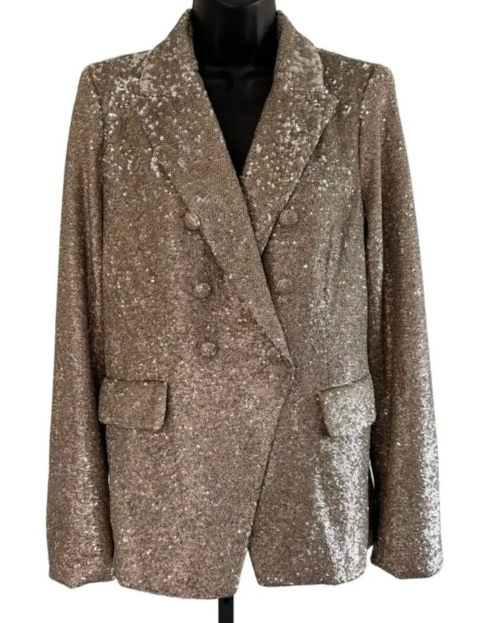 NEW House of Harlow 1960 Double Breasted Sequin Blazer Sz M Gold Holiday Party Size M