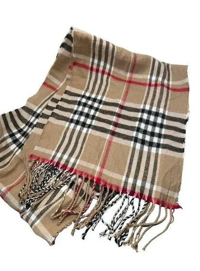Plaid Acrylic Scarf With Fringe Brown Back White Red Plaid 66" x 12.5" NWOT Black