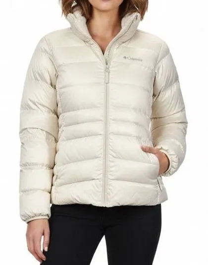 Columbia White Autumn Park Down Jacket Large Omni-Heat Mink-Fleece Collar $130