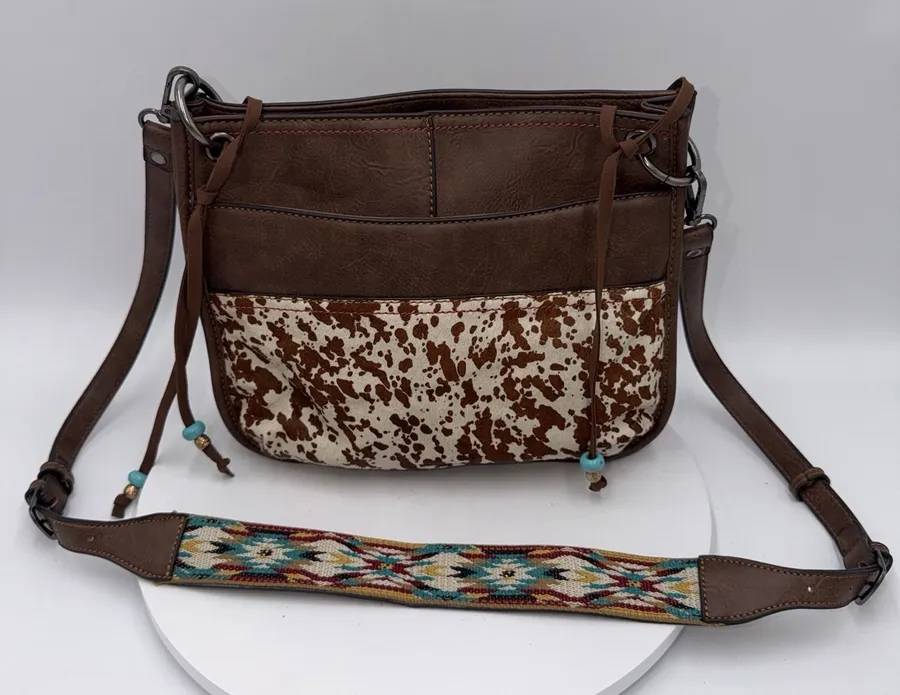 Justin Boots Company Leather Purse Fur Cowhide Brown Western Cowgirl Boho Chic