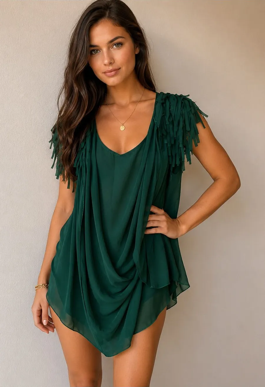 Fringe Draped Chiffon Tunic Top Boho Statement Green Size M