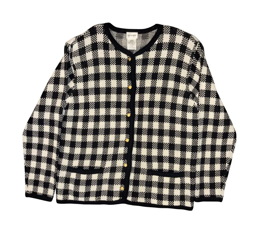 Liz Baker Cardigan L Black White Gingham Check Gold Button Retro Dark Academia
