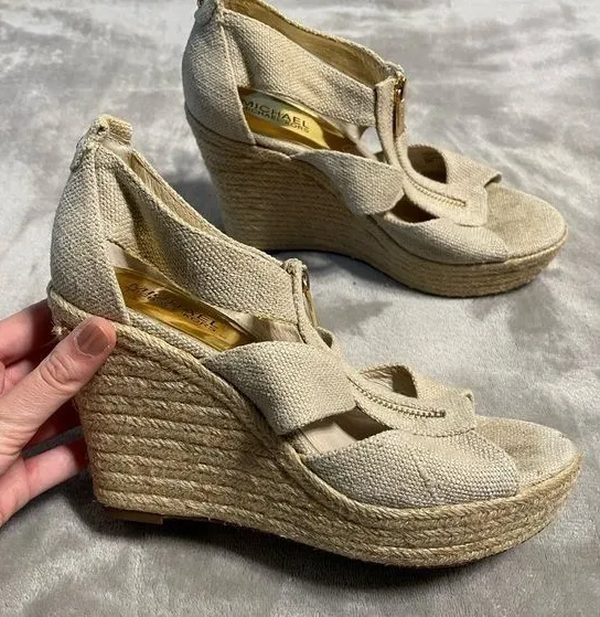 Michael Kors Espadrille Platform Wedge Sandals 8.5 Beige Women Canvas Jute Zip