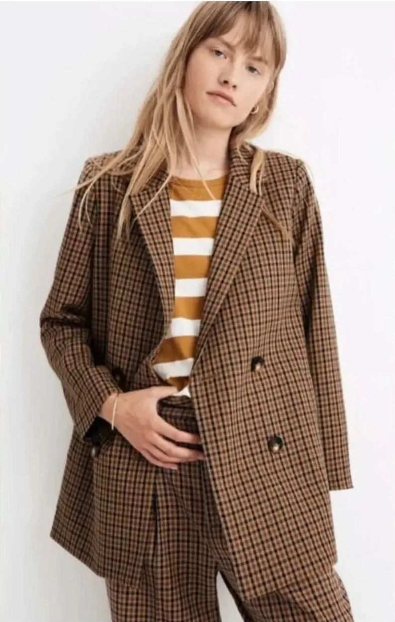 Madewell Womens Caldwell Double Breasted Plaid Blazer Brown Check MA271 Size L