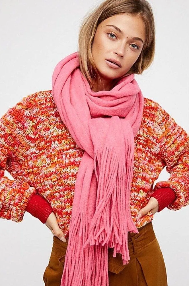 FREE PEOPLE Kolby Oversized (HUGE) Scarf w Fringe COZY Flamingo Pink Shawl Wrap