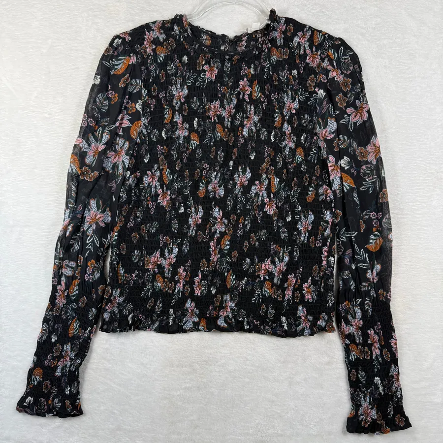 Veronica Beard Smocked Floral Blouse Black Pink Long Sleeve Top Size 4