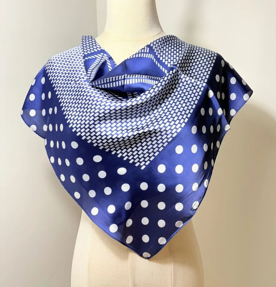 Blue and White Polka Dot Geometric Satin Polyester Scarf,
