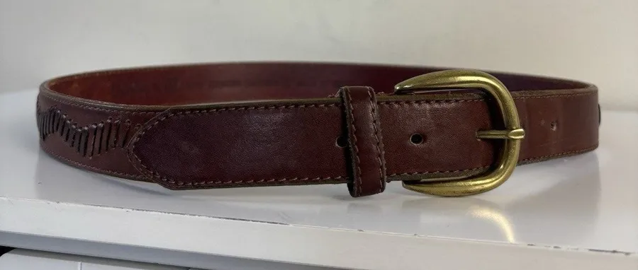 Vtg 90s Donna Katz Brown Genuine Leather Belt Whipstitch Western Boho M/L