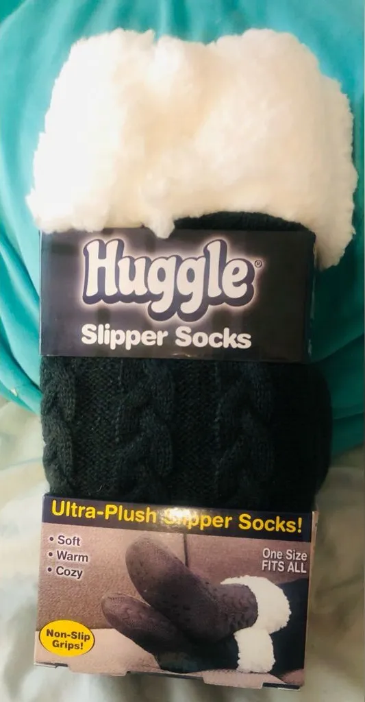 Huggle Ultra-Plush Slipper Socks - Gray with Cream Cuff