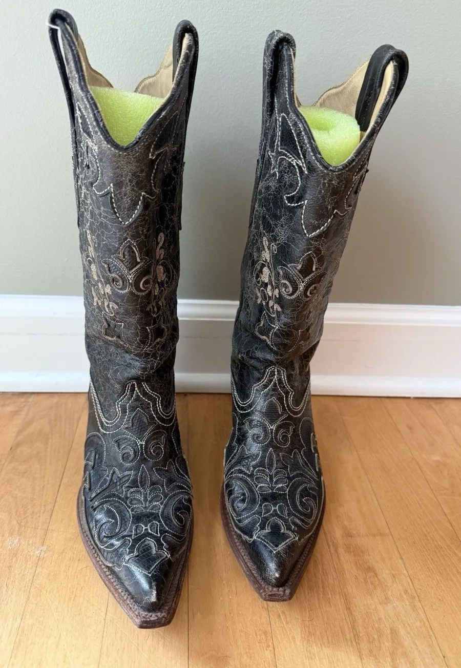 Corral Vintage Black Leather Exotic Lizard Inlay Cowgirl Boots C2108 Women's 7 M