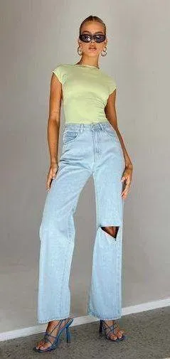 Sevina Light Wash Straight Leg Rip Knee High Rise Jeans 4