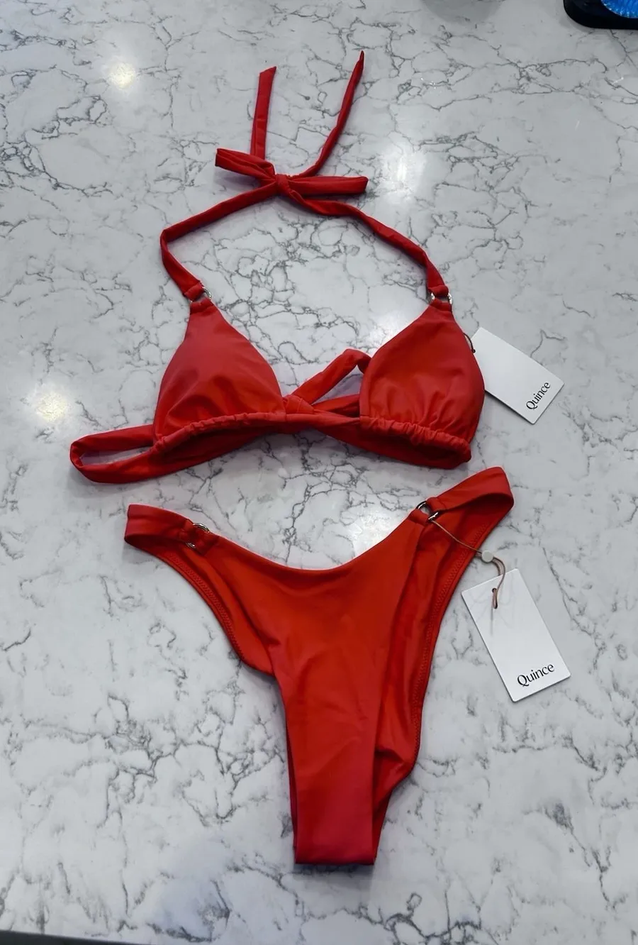 NWT Quince Sunset Orange Italian Full Coverage Ring Bikini Top & High Leg Bottom