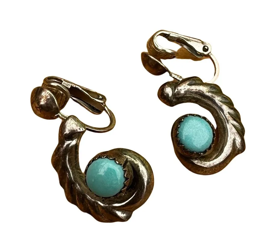 Sterling Silver Turquoise Gemstone Clip On Earrings Blue