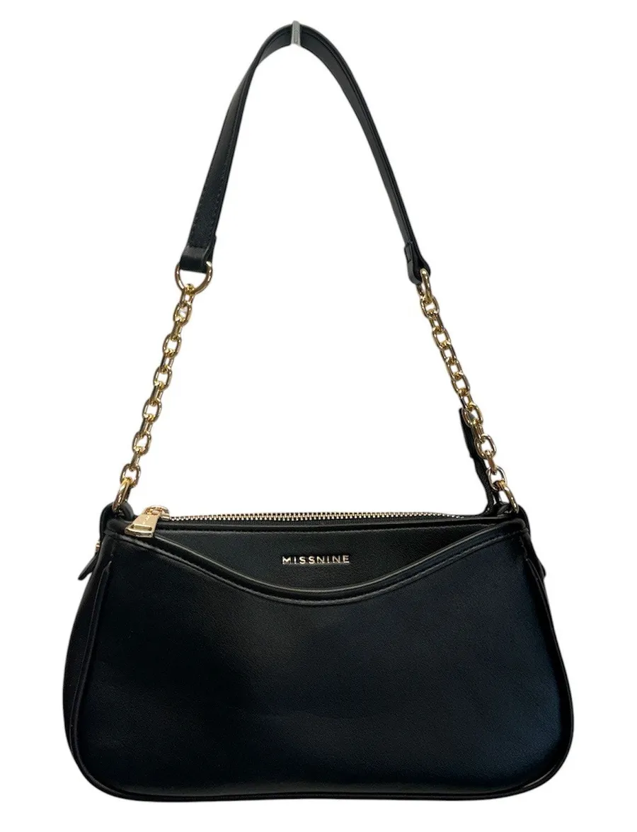 Missnine Black Shoulder Bag Mini Baguette Purse Vegan Leather Gold Chain Zip NEW