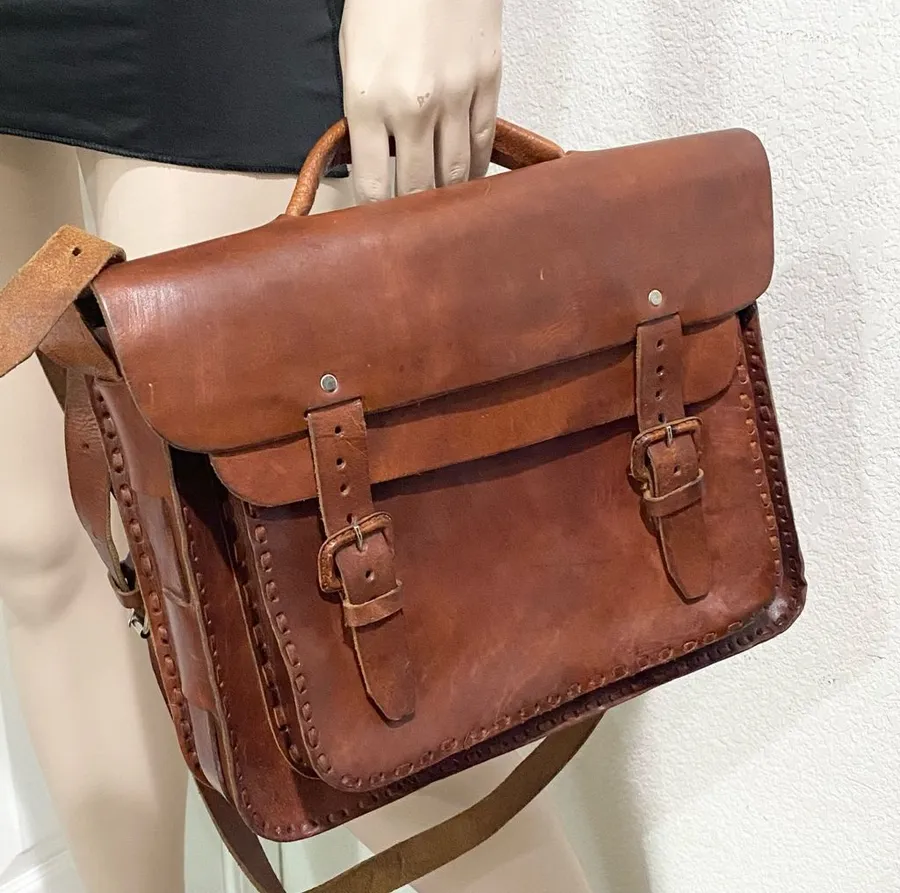 Vintage Handmade Brown Leather Brooklyn Style Briefcase Messenger Satchel Bag