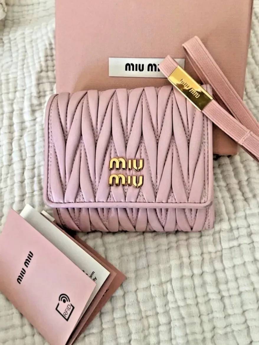Miu Miu Matelasse Compact Bifold Wallet Blush Pink Gold Hardware RFID Full Set