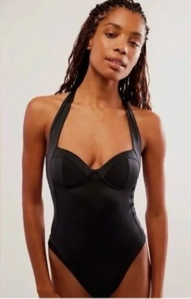 We Are HAH Size S Pull Thru 1 Piece Bodysuit Swimsuit Black Cheeky Halter NEW