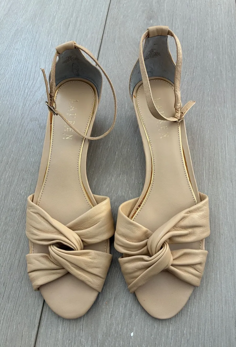 Lauren Ralph Lauren Women Beige Leather Knot Ankle Strap Wedge Sandals Size 8