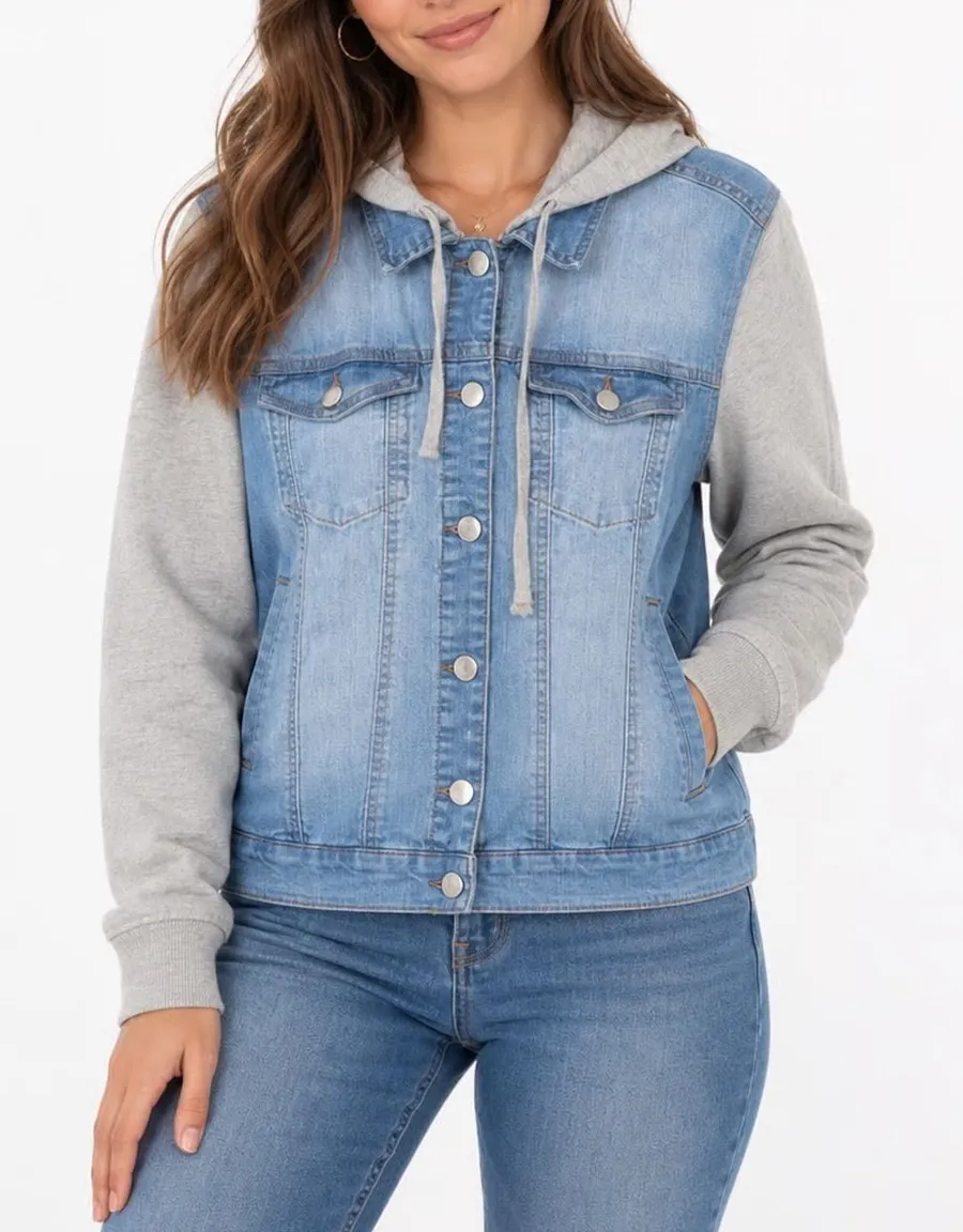 Active USA Denim Hooded Mixed Media Jean Jacket Light Wash Gray Large Blue