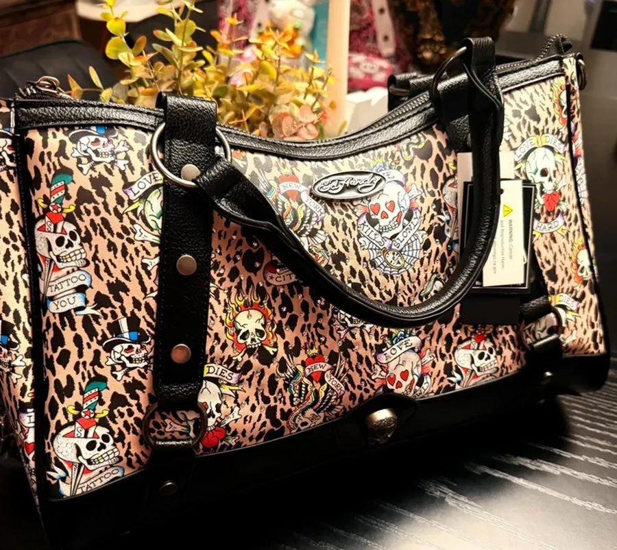 Ed Hardy Leopard Tattoo Skull Rhinestone Satchel Crossbody NWT