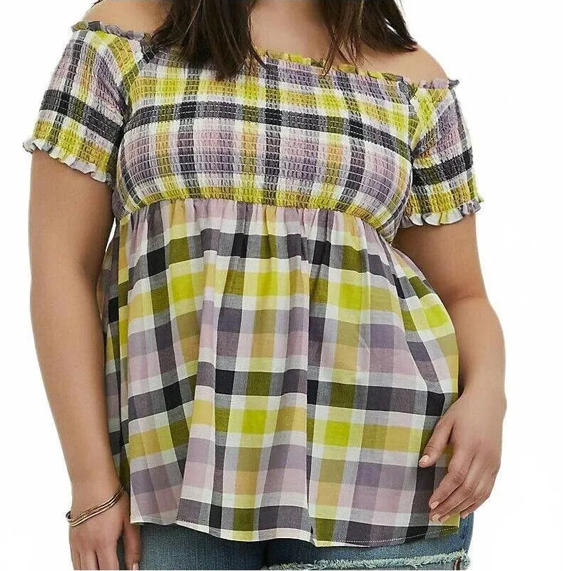 Torrid Multicolor Plaid Smocked Off Shoulder Babydoll Top Size 0 (12)