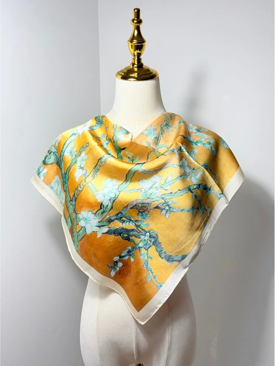 Elegant Almond Blossom Satin Polyester Scarf in Warm Golden Hue with Soft Greys Gold