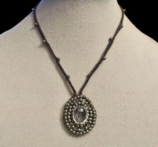 Vintage macrame beaded pendant necklace