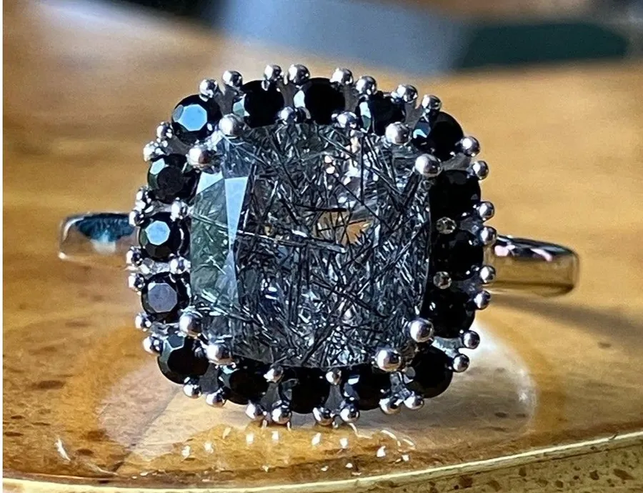 Natural Tourmalinated Quartz Ring Size 9 Black