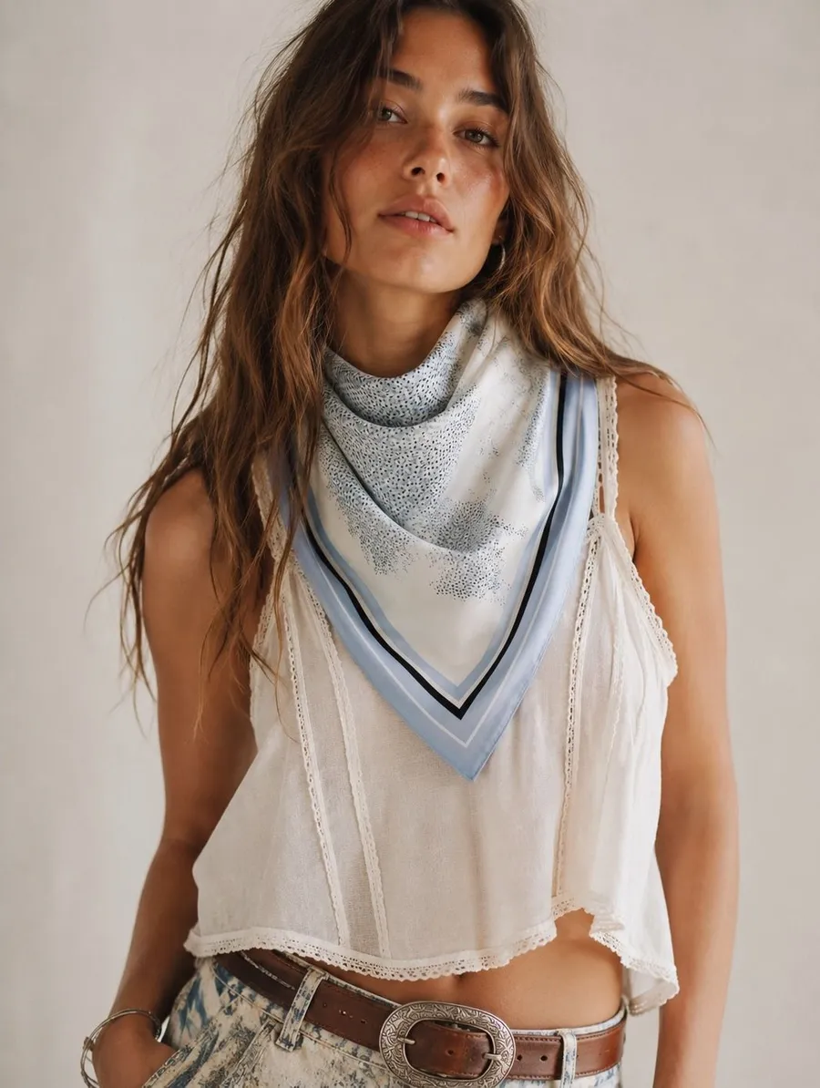 Kettel x Anthro 100% Silk Triangle Scarf Shawl Blue Ivory Abstract Top Italy New