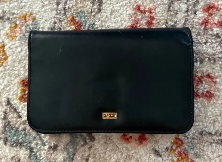 Buxton Black Leather Organizer Clutch Wallet with Mirror and Gold Hardware