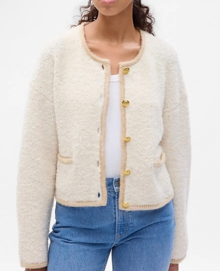 Gap Bouclé Cropped Cardigan Sweater Jacket Cream Gold Button Wool Blend Size S