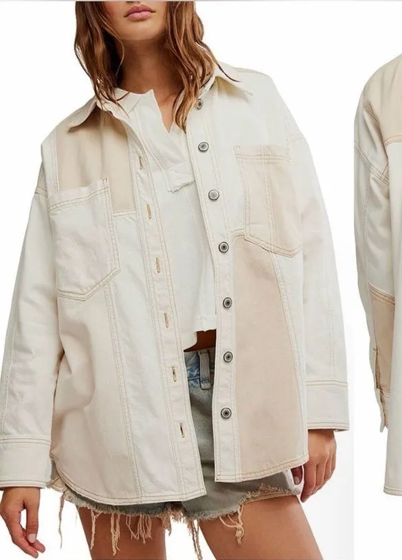 NEW FREE PEOPLE Ivory Mountain Roads Denim Button-Up ivory combo Shirt jacket L
