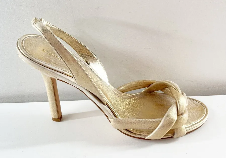 BCBGMaxazria Metallic Leather Slingback Stiletto Heel Sandals Shoes Gold 7.5